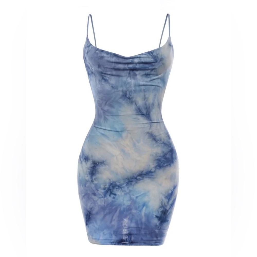 Blue Tie Dye Cowl Neck Dress